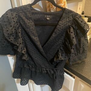 J. Crew Black Wrap Blouse with Puff Sleeves and Peplum